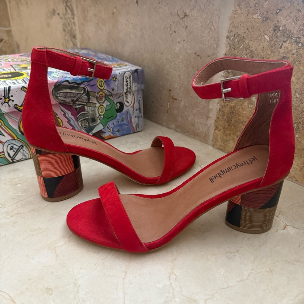 Jeffrey Campbell Purdy Multicolor Block Heel Red Suede Sandals